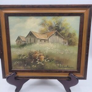 Vintage Framed Country Barn Print Sally Hamilton Field Flowers Milk Cans